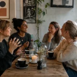 Four women laughing together around a café table.