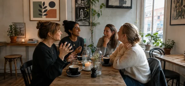 Four women laughing together around a café table.