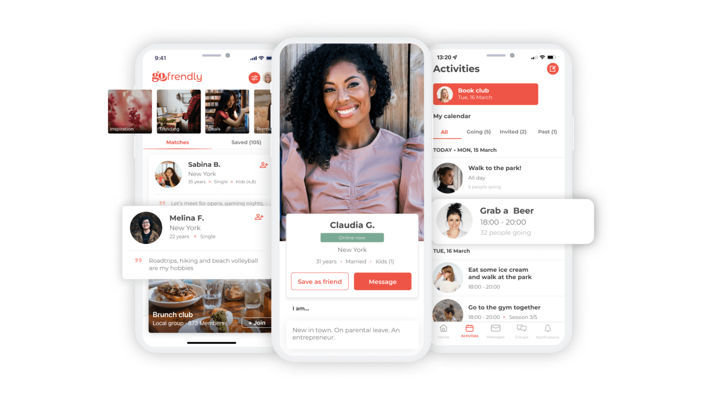 Mobile screens showing the Gofrendly app interface: women connecting through events, profiles and friendship features in New York