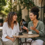 Two women laughing over coffee at an outdoor café, an example of how to widen your friend group as an adult