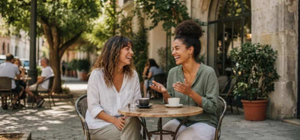 Two women laughing over coffee at an outdoor café, an example of how to widen your friend group as an adult