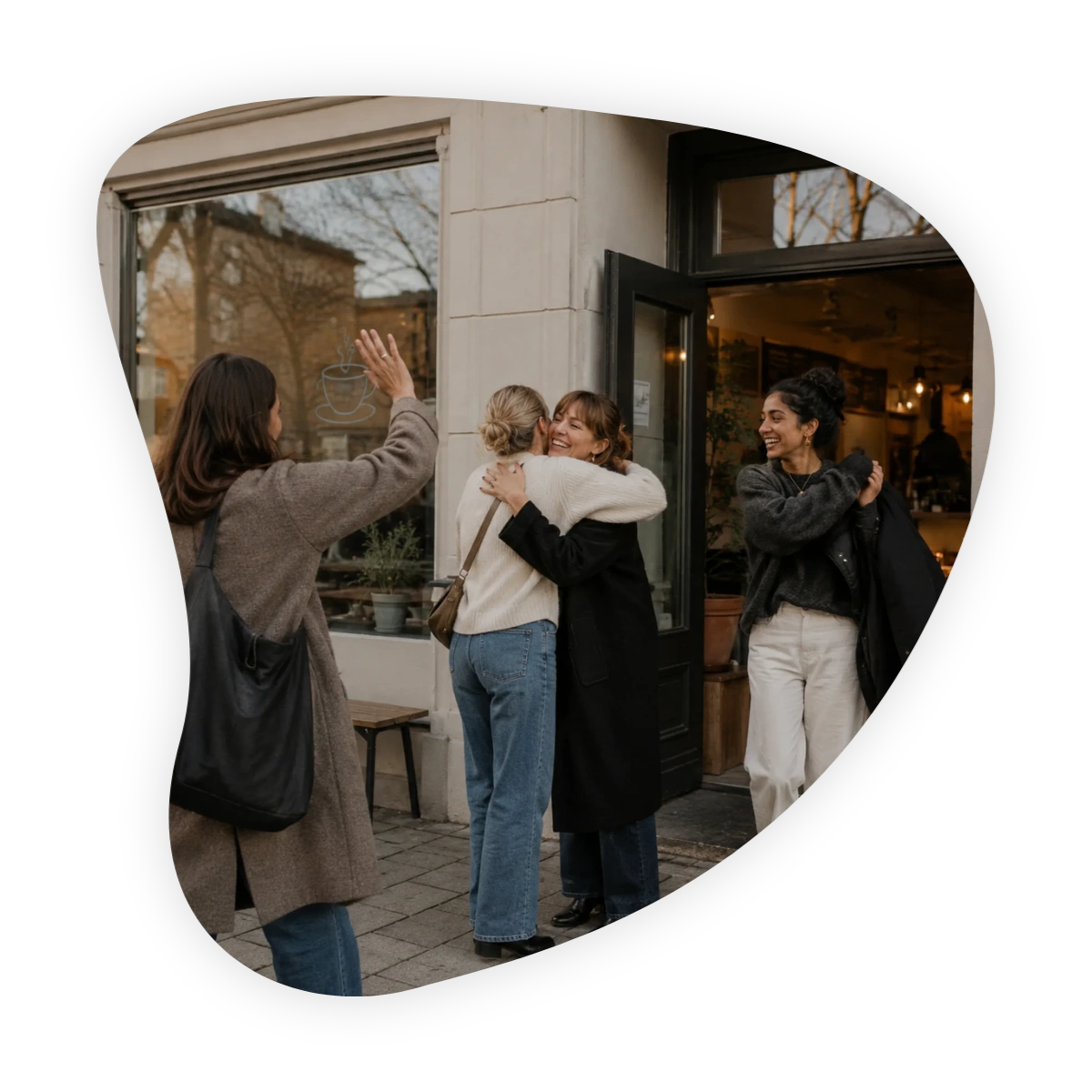 Finding a girl gang as an adult: four women greeting each other outside a café.