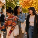 Best friendship apps for loneliness: three women laughing together at an outdoor market.