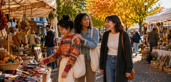 Best friendship apps for loneliness: three women laughing together at an outdoor market.