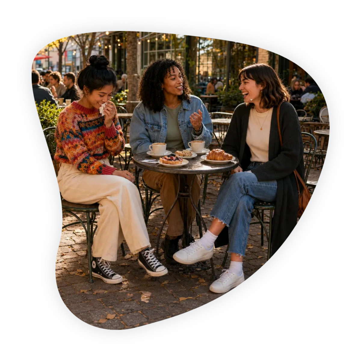 Three women talking together at a café after connecting through friendship apps.