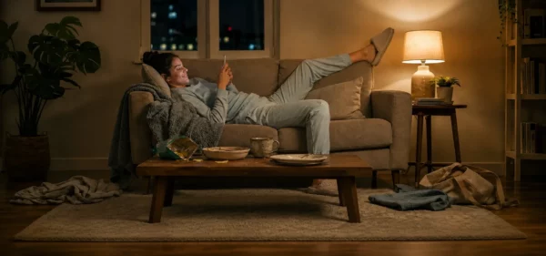 Friendship apps vs dating apps: woman using her phone alone on a sofa at home.