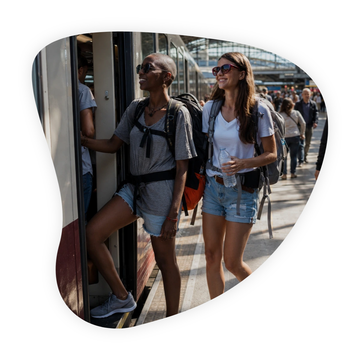 Two women meeting travel friends while exploring a new city together.