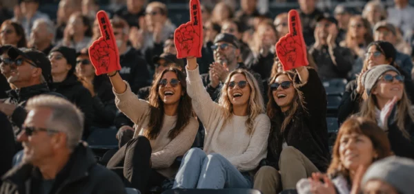 Three women cheering together in stadium seats during a football game.