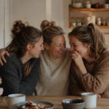 Make friends outside of family — woman laughing with her mother and sister at the kitchen table