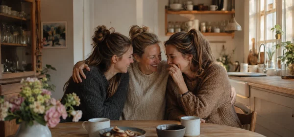 Make friends outside of family — woman laughing with her mother and sister at the kitchen table
