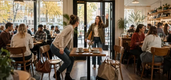 meeting a new friend for the first time: two women meeting up and smiling together