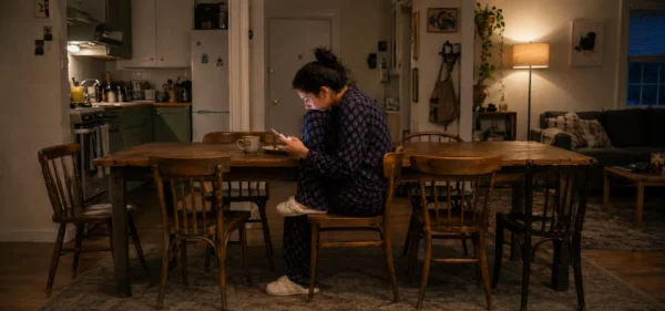 Should you ghost a friend? Woman looking at her phone alone at the kitchen table