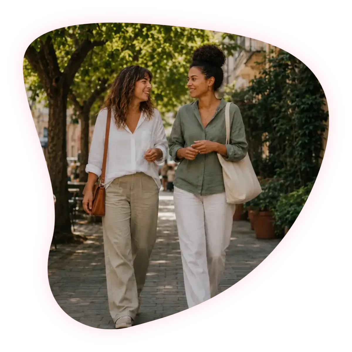 Two women walking and talking together outdoors, an example of how to widen your friend group as an adult